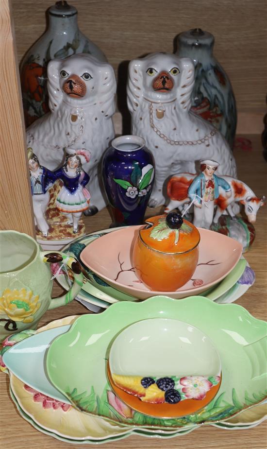 A collection of Carlton Ware and two pottery vases, three animal ornaments